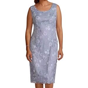 Oleg Cassini Blue Floral Sequin Embroidered Sheath Dress Size 12 Wedding MOB MOG